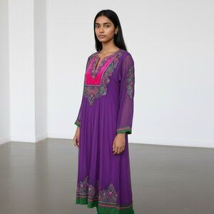 Punjabi Suit L Purple Sheer Embroidered Top + Green‎ Leggings Desi Fusion Y2K